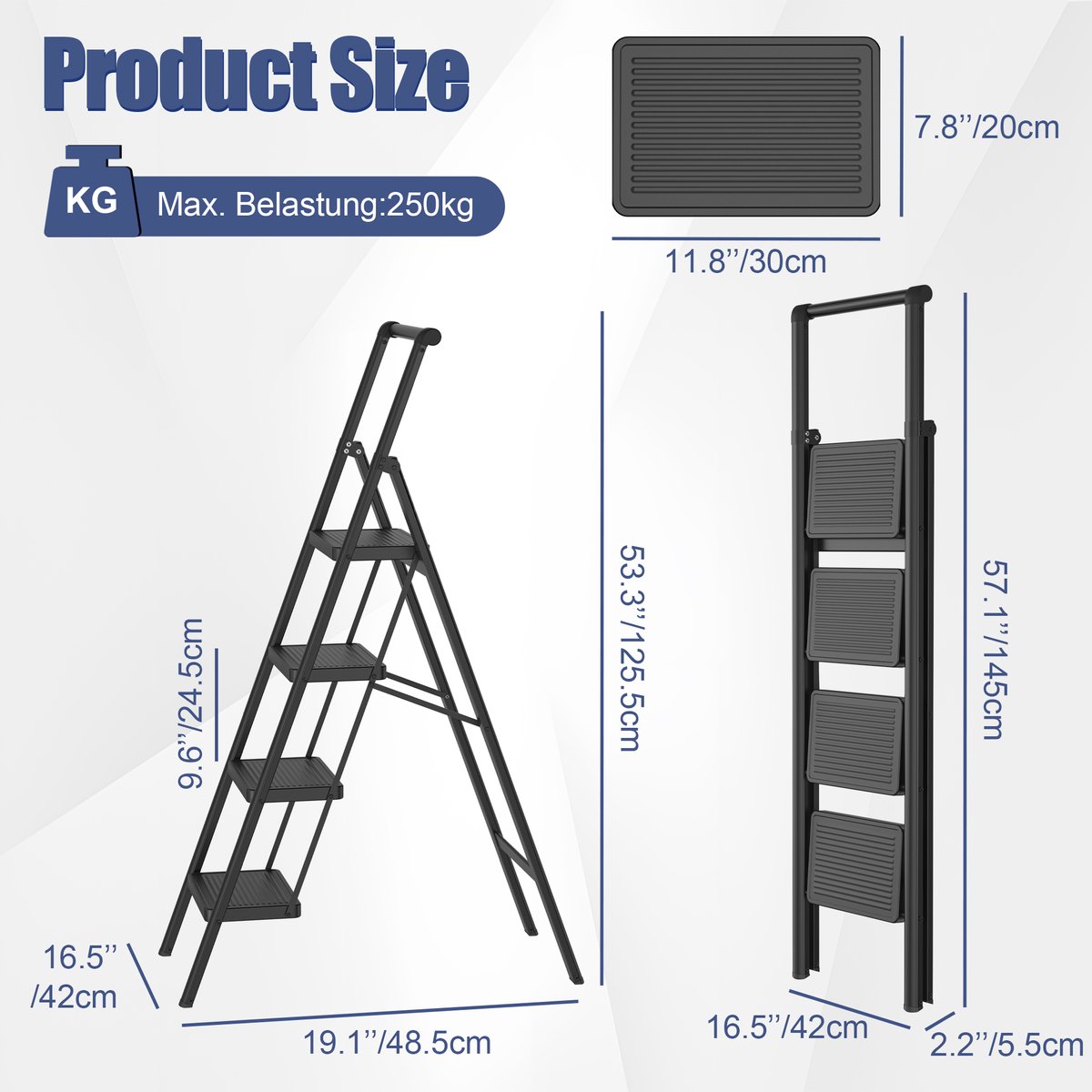 Opvouwbare Trapladder 4 Treden – Huishoudtrap met Brede Antislip Treden (30×20 cm), Stabiel & Belastbaar tot 250 kg – met Leuning – Zwart – foto 2