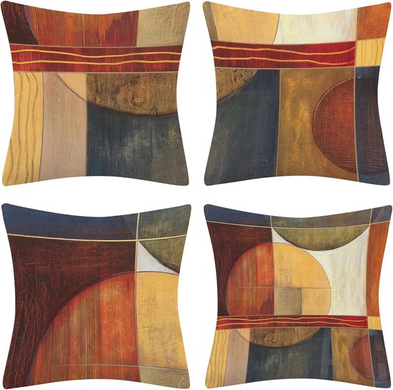 Vierkussenhoes met abstract geometrisch patroon in aardetinten, bruin, geel en blauw.