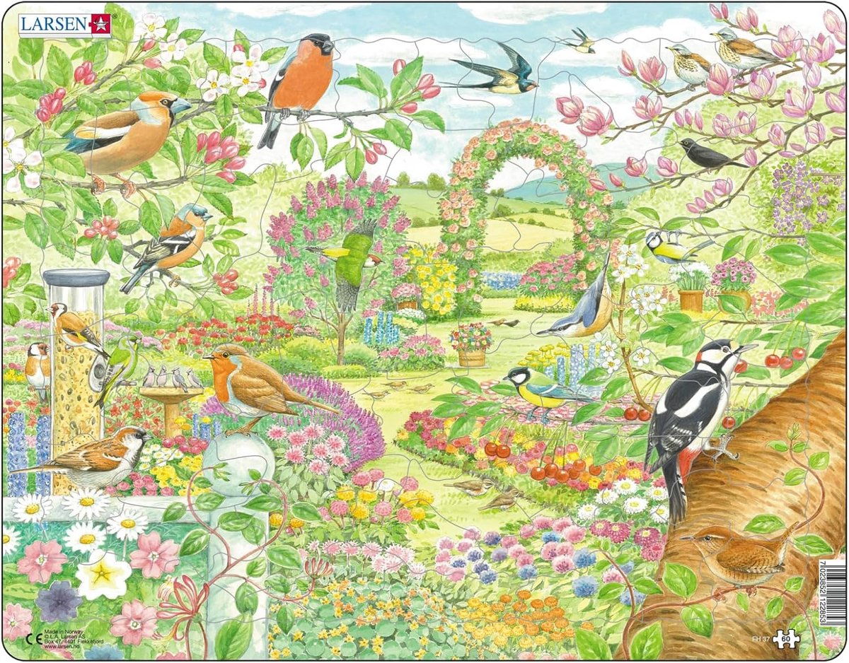 Frame Puzzel 60 Stukjes: Kleurrijke Tuin met Vogels en Bloemen