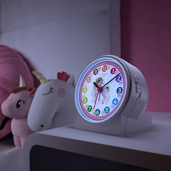 Stille Kinderwekker met Eenhoorn, Licht en Snooze - Leer Klok voor Kinderslaapkamer — afbeelding 3