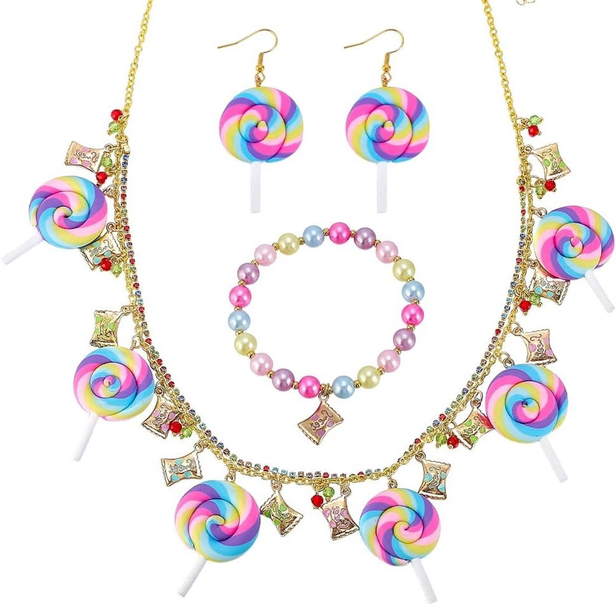 Sieradenset voor dames met kleurrijke kralen: lolly ketting, armband en oorbellen als zoete kostuumaccessoires voor zomer en Halloween feestjes