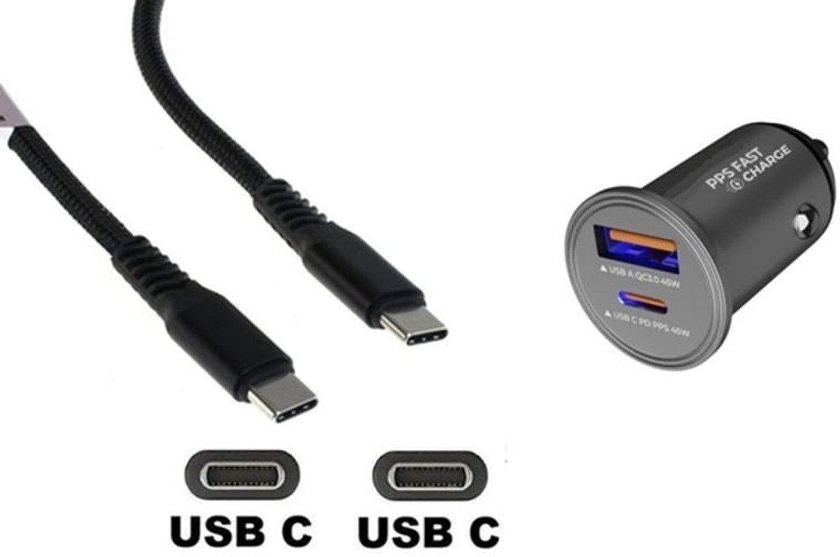 45W auto snellader met 2 poorten + 1,2m sterke USB C naar C kabel. Universele PD PPS lader. Autolader adapter past op Apple iPhone 16 Pro Max, iPhone 16e, iPad 9, iPad 10, iPad Air 4, iPad Air 5, iPad Mini 6, iPad Pro 11, iPad Pro 12.9