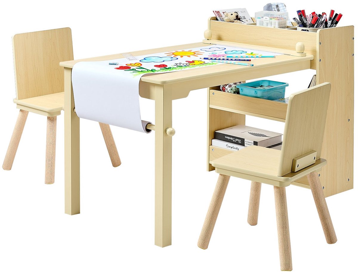 Kindertafel met Stoelen - Kinderzit- en Speelset - 2 Stoelen - 3-laags Opbergkast - Teken en Speeltafel - Ideaal voor Leren en Knutselen - Licht Hout