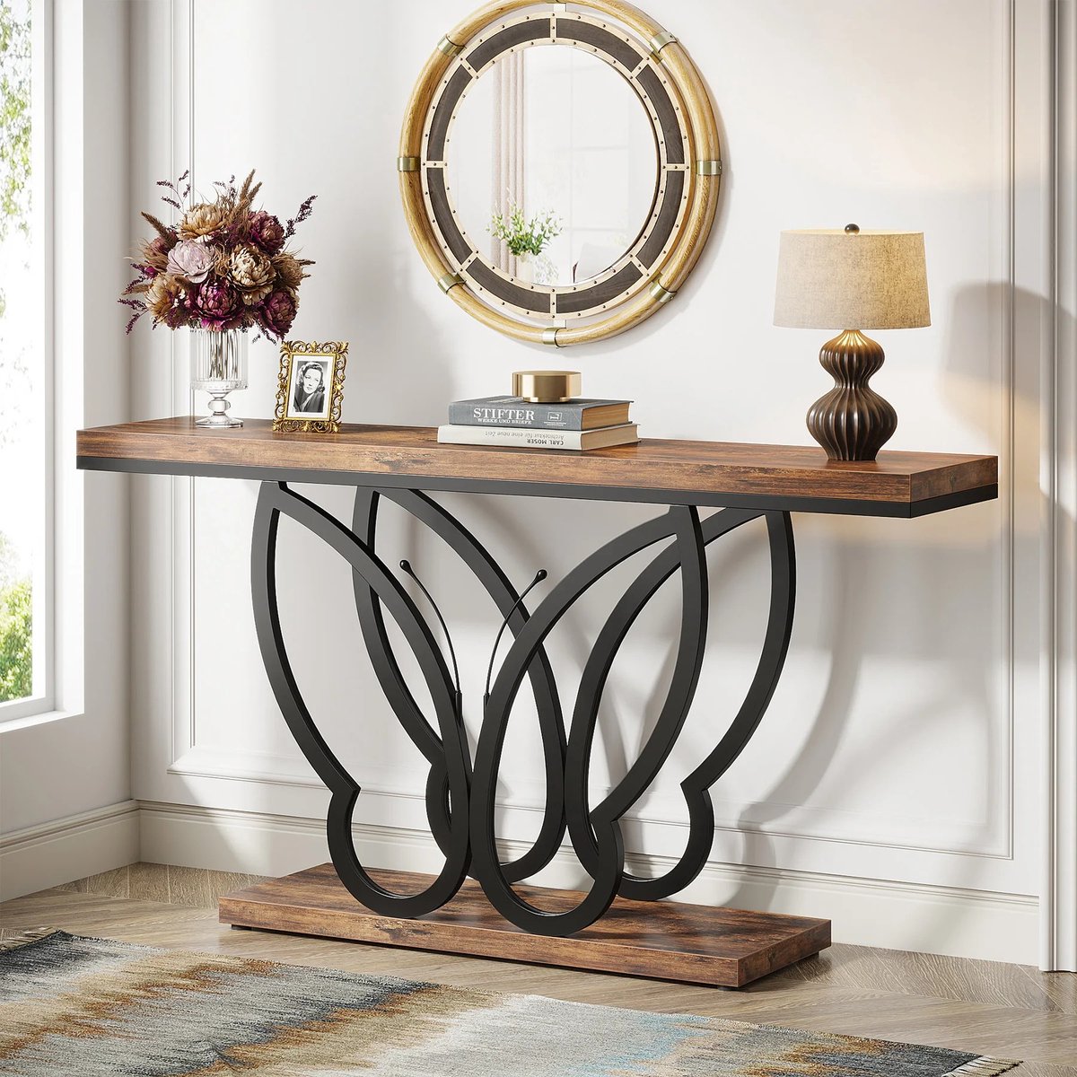 Questyr Rustieke Consoletafel – 140 cm – Donker Kaki – Industriële Haltafel met Vlinder‑Metaalframe – Smalle Banktafel voor Woonkamer & Entree zwart / donker bruin