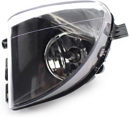 Zwarte mistlamp met doorzichtige, gestreepte onderkant en doorzichtige lens.