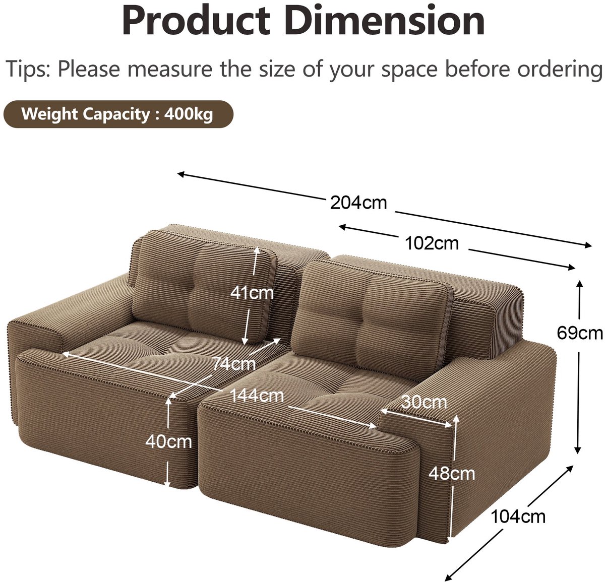 Merax Cloudbank 2-Zits - Bruine Ribstof Bank 204 cm - Modulaire Loveseat met Diepe Zitting - Frameloze Sofa - Antislip Onderzijde - Geen Montage Nodig