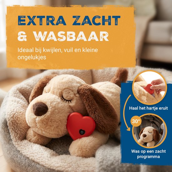 Bruine hondenkussen in mand. Hartje wordt verwijderd voor 30° wasbeurt.