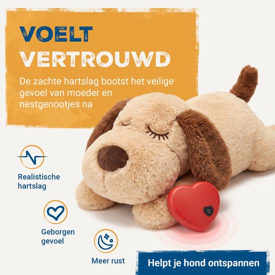 Beige hondenkussen met rood hartje, op roze gloed. Tekst: 'Voelt vertrouwd'. Realistische hartslag.