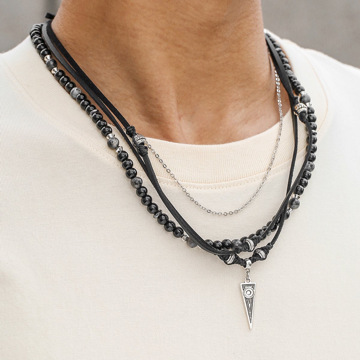 Helin Life Klassieke herenketting - Kettingset - Hiphop-ketting met meerdere lagen en leren koord - Ketting in retrostijl met denimkralen, zwarte agate en metalen driehoekige hanger - Schakelketting - 50+7 cm - Cadeau voor mannen