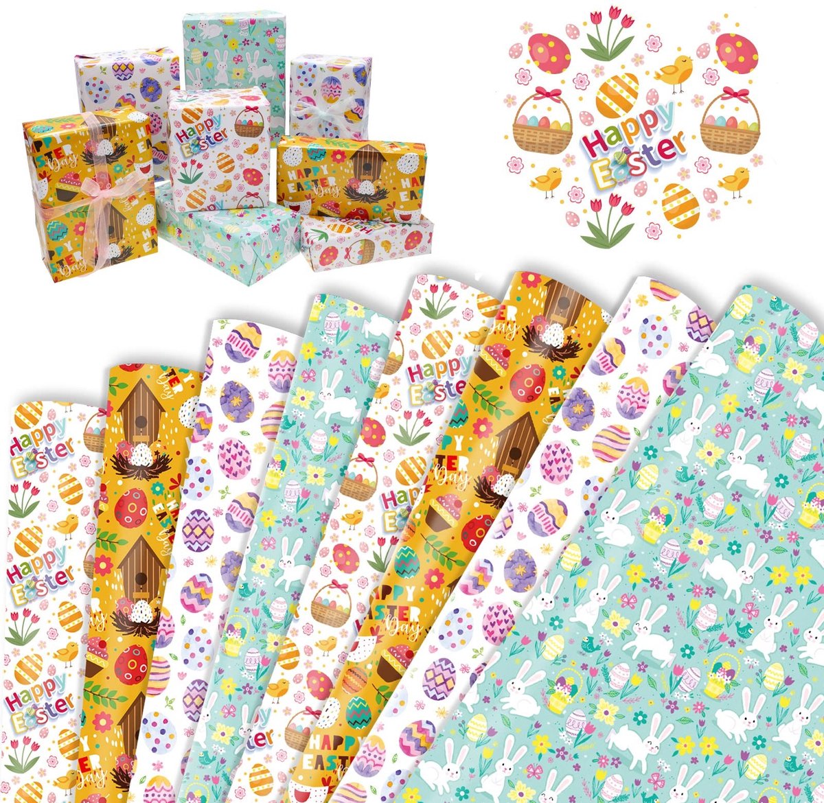 MTTproducts- Cadeaupapier voor Pasen - 8 Stuks - Paascadeaupapier - Lente Decoratie - Knutselprojecten - 50 x 70 cm - Heldere Kleuren - Inpakpapier