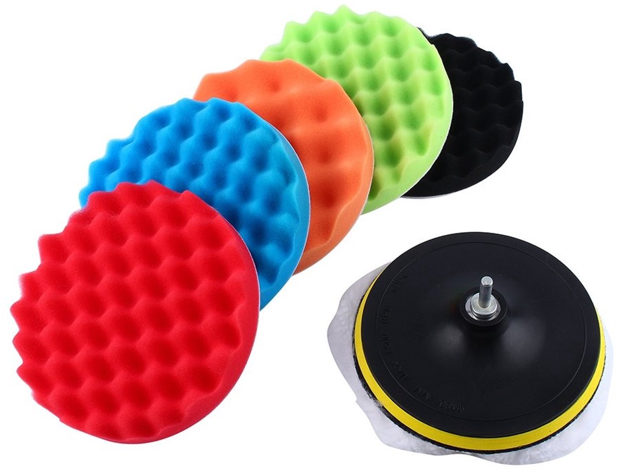 MTTproducts - Polijstspons - Polijstpad voor Auto - Geleverd met Booradapter - 7 Stuks - Diverse Kleuren - Ideaal voor Autopoetsen - 15,2 cm