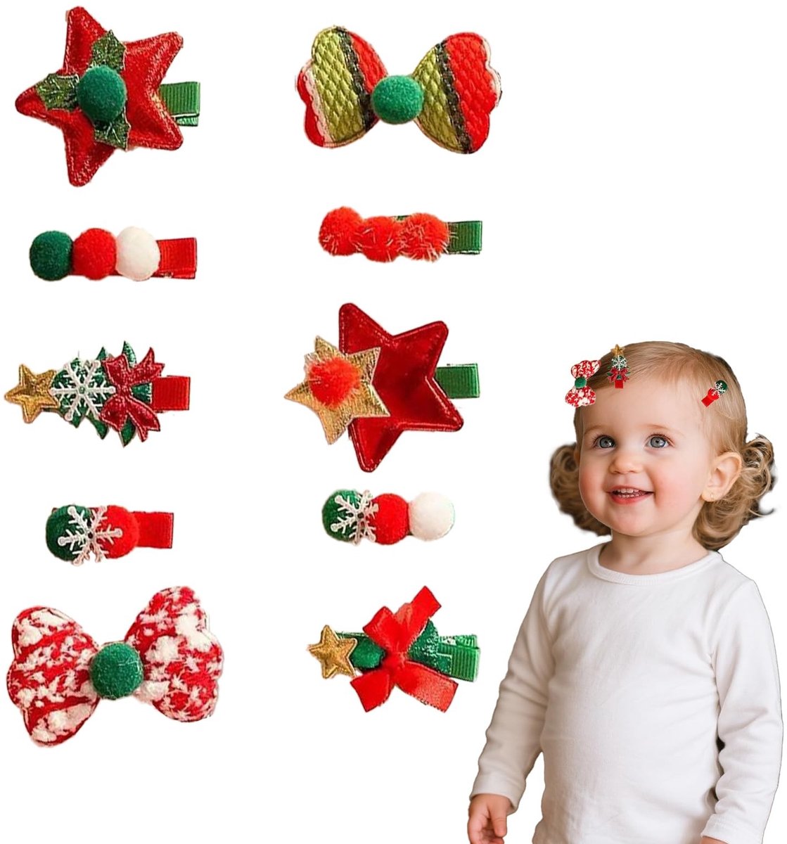MTTproducts- Kersthaarspelden 10 stuks - Haaraccessoires voor kinderen - Strikken/Sterren - Feestelijke decoratie - Perfect cadeau - Glanzend ontwerp