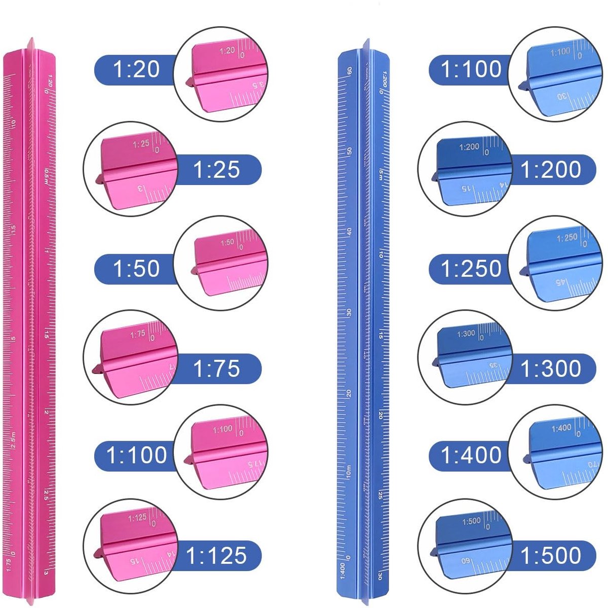 MTTproducts- Driehoeklineaal 15 cm - Aluminium - Laser schaal - Set van 2 - Beschermbuizen - Ideaal voor studenten/ingenieurs - Meetlat
