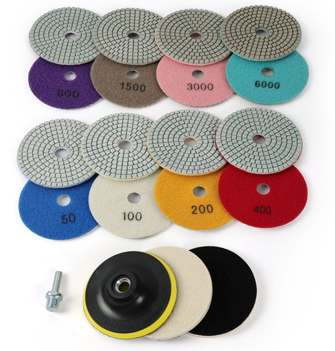 MTTproducts- Polijstschijf 8 Stuks - Natte/Droge Diamant Polijstpads - Korrel #50 tot #3000 - Voor Graniet/Marmer/Beton - Inclusief Wollen Polijstpads