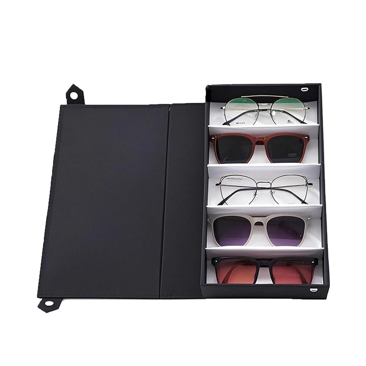 MTTproducts- Brillenbox 5 Compartimenten - Brillenkoker - Brillendoos - Brillenhouder - Zonnebrilhouder - Elegant zwart, stofvrij en beschermend