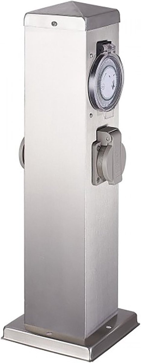 Stopcontactzuil met timer - Buitensteker - Tuinverlichting aan - Roestvrij staal - 35 cm hoog - Zilver
