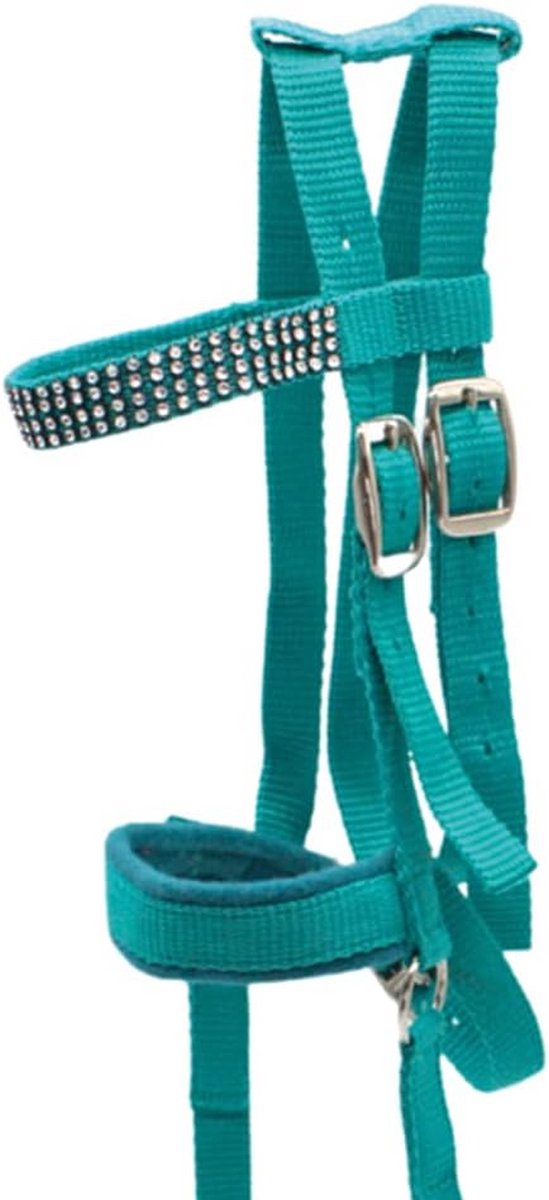 Hoofdkussen met Teugels voor Houten Paard – Verstelbaar, Robuust & Comfortabel – Met Glitteraccenten – Past Perfect bij Zadelset – Turquoise