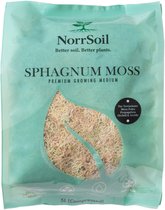 Pak NorrSoil Sphagnum Moss 5L (gecomprimeerd) met een groene, lichtdoorlatende folie met daarop een bladlogo en tekst.
