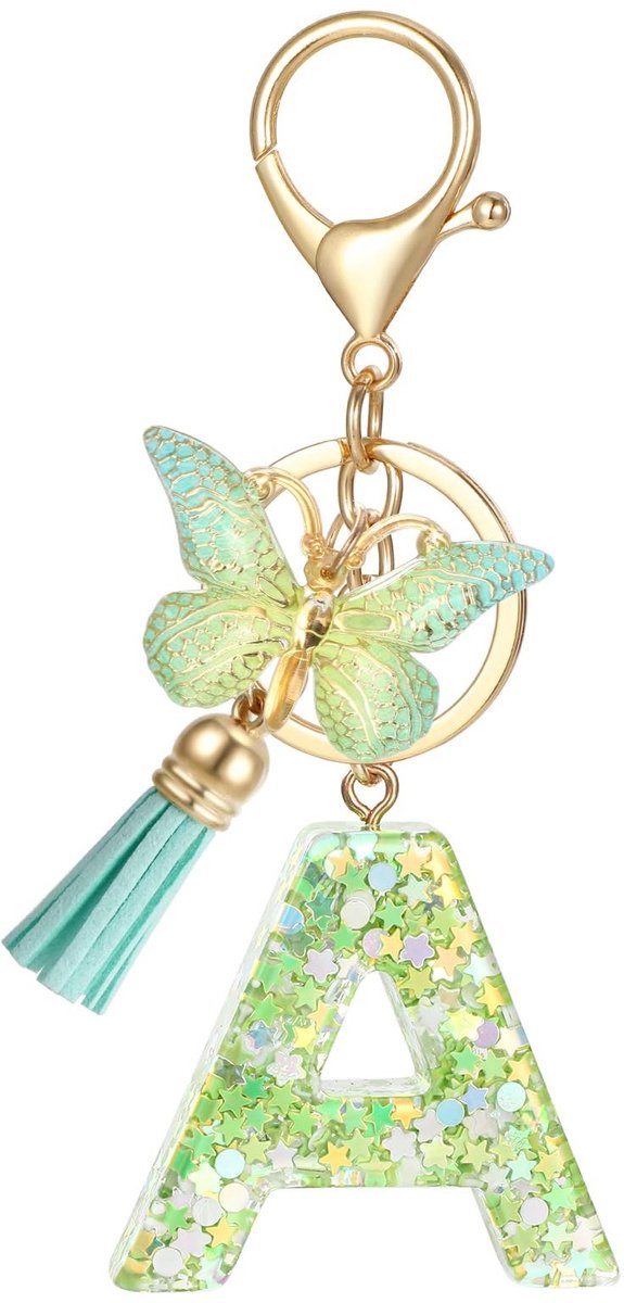 Cosensi- Sleutelhanger Eerste Letter A - Groene Sleutelhanger - Kwastje/Vlinderhanger - Hars/Legering - Uniek Ontwerp - Modieuze Stijl - Sleutelaccessoire