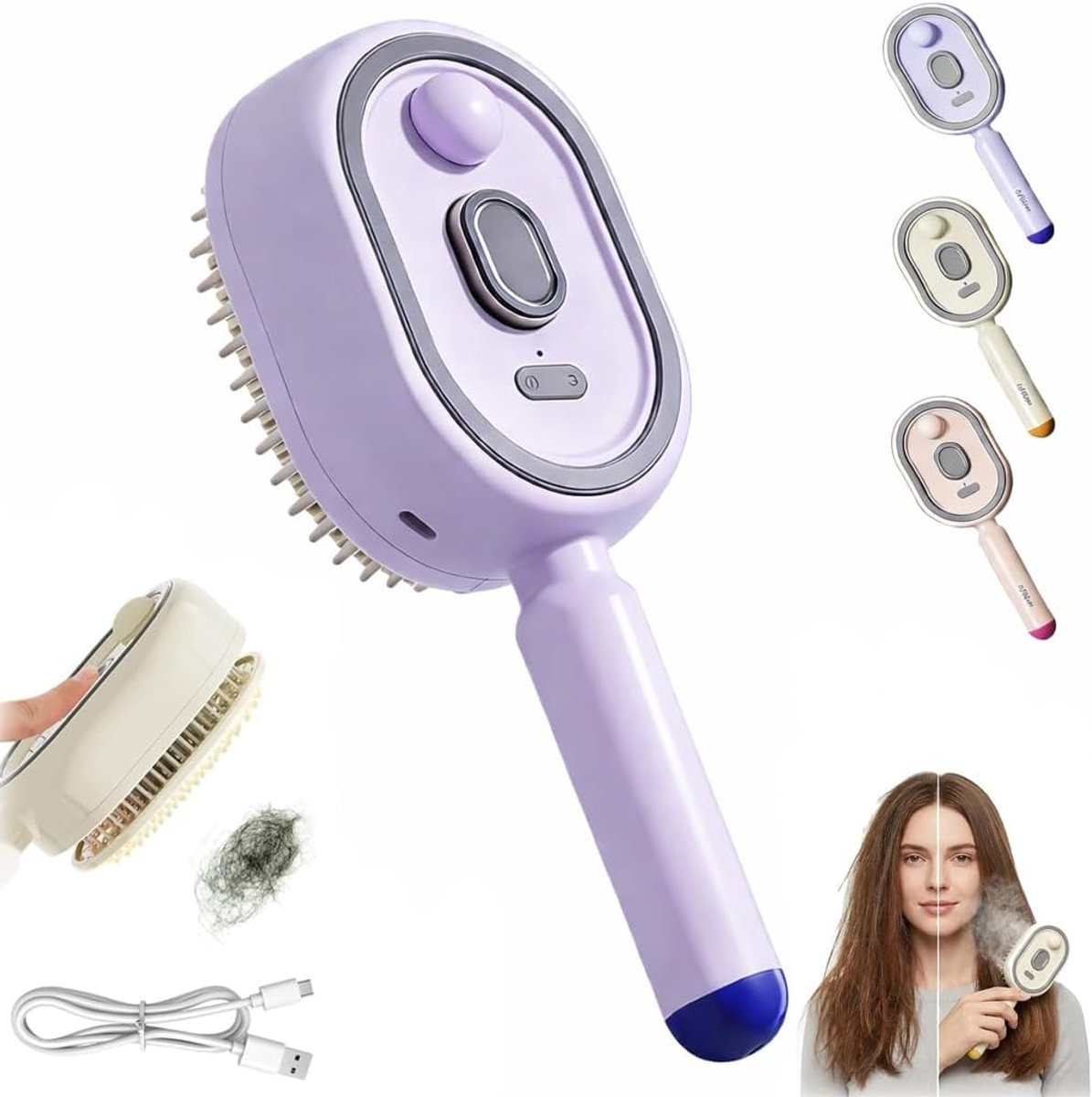 2-in-1 Elektrische Stoomborstel met Sprayfunctie - Luchtkussenkam - Elektrische massagekam - Oplaadbare Draadloze Haarborstel - Anti-Klit Borstel met Waterreservoir - Fijne Nevel & Ontwarring - Voor Krullend & Stijl Haar - Paars
