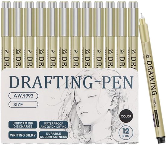 Fine Liner Pennen – Tekenstiften Set – Professioneel Tekenen – Waterdichte Inkt – 12 Stuks – Zwart