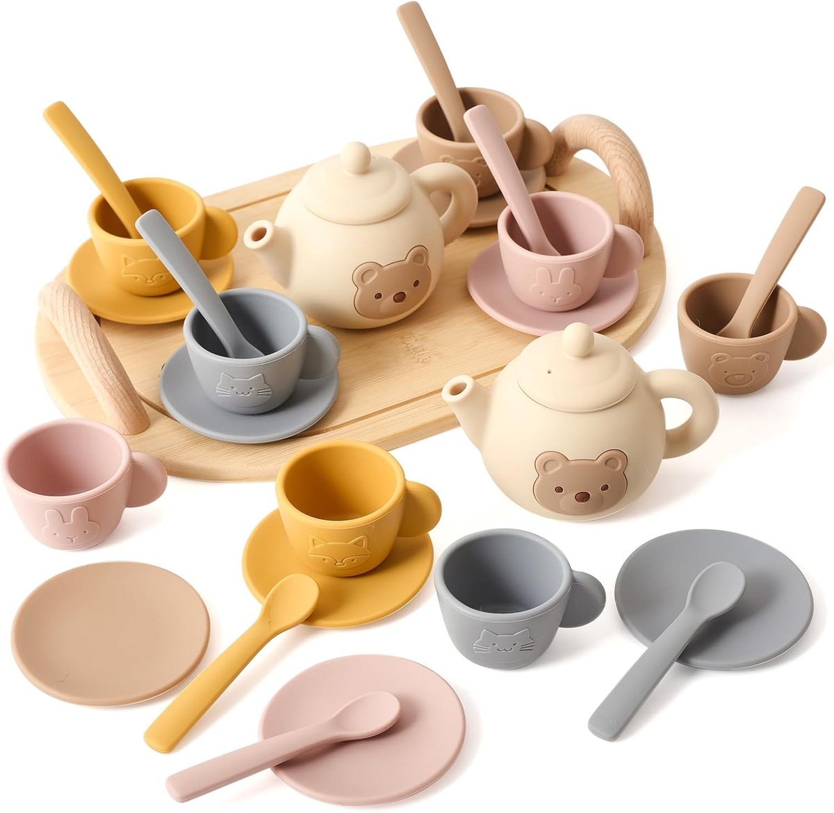 Kinderservies Thee-set van Siliconen met Houten Dienblad voor Kinderspel