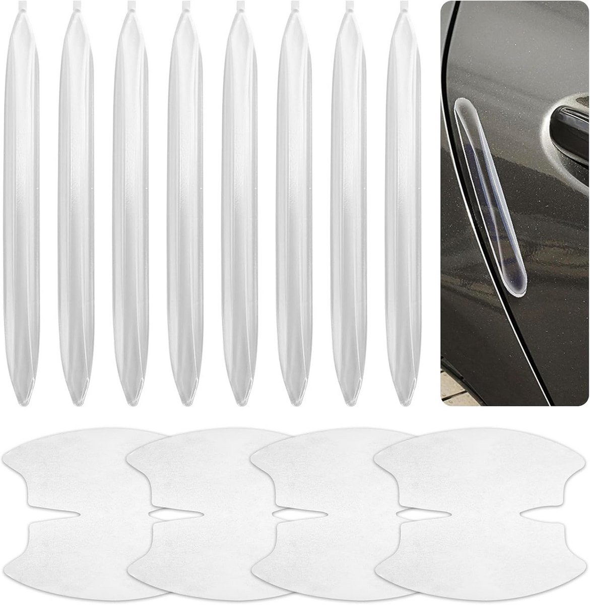 Autodeur beschermfolie en randbescherming set 8 stuks + 4 transparante strips