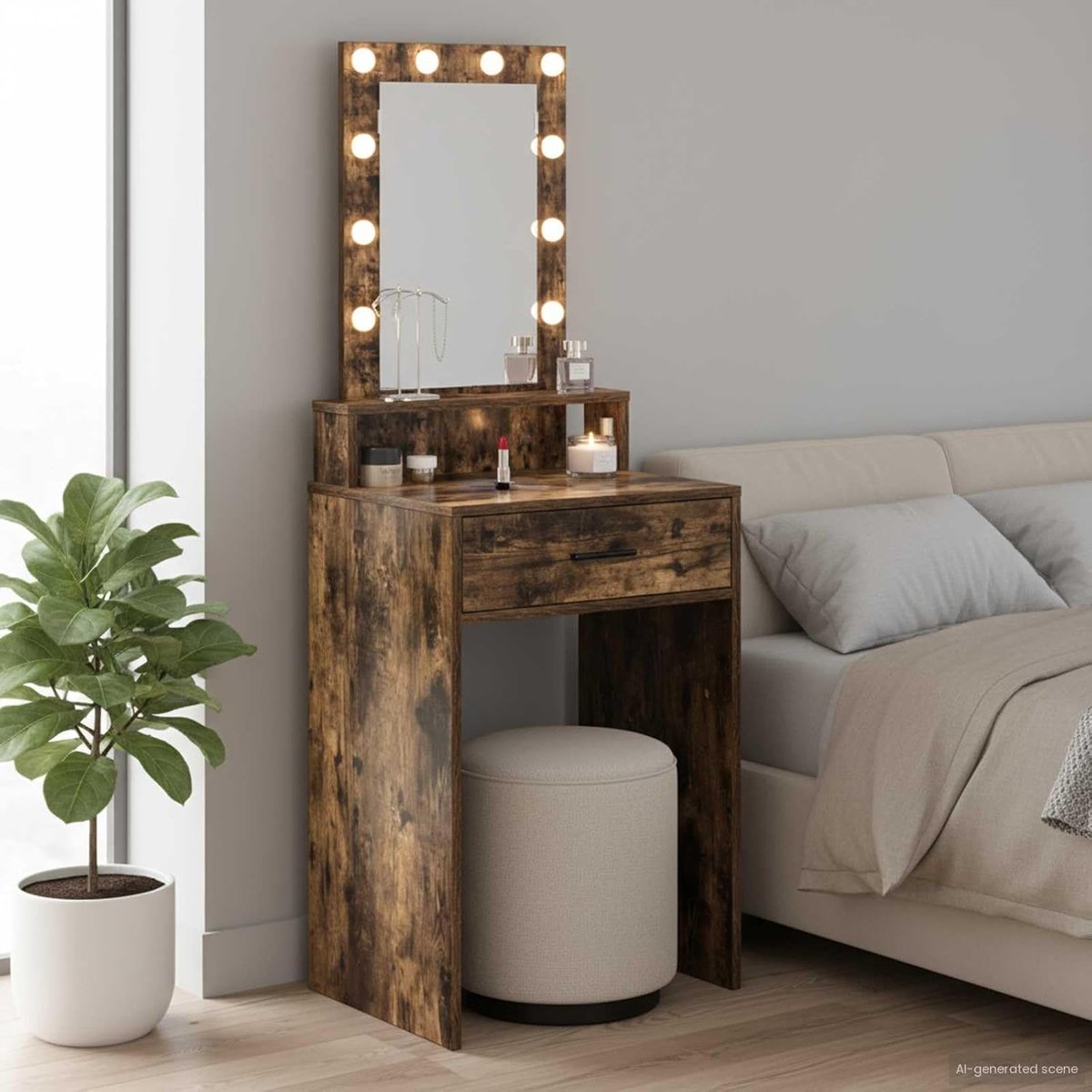 Kaptafel - Make-uptafel - Slaapkamer Meubel - Geïntegreerde Verlichting - 50 x 41 x 140 cm - Bruin