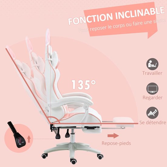 Ergonomische Gamingstoel Roze met Lendensteun en Uittrekbare Voetensteun — afbeelding 2