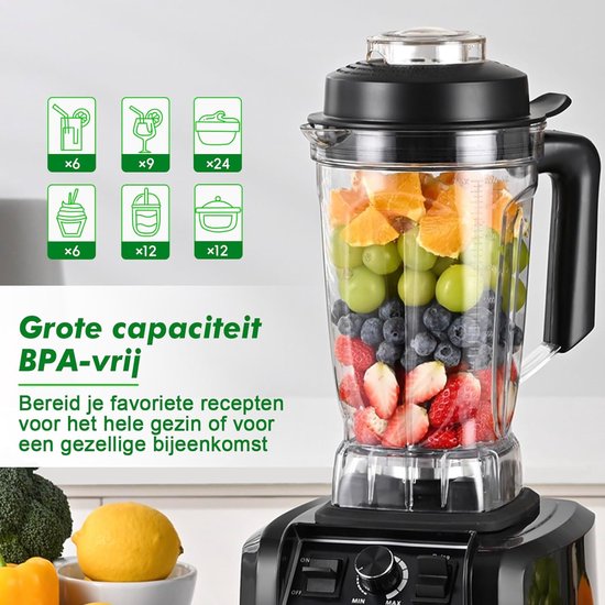 Blender 1500W - Professionele Blender - 2L BPA-Vrije Kan - 8 RVS Messen - Ice Crush & Smoothies van Blender — afbeelding 3