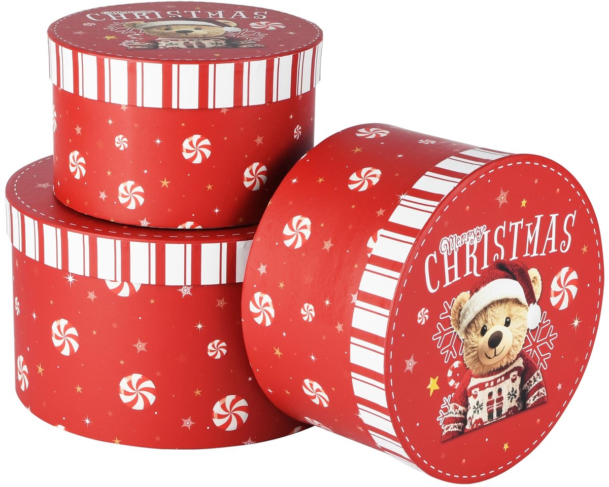 Dekoratief | Set 3 dozen rond 'Jingle Bear', rood, karton, 21x21x12cm | A265663