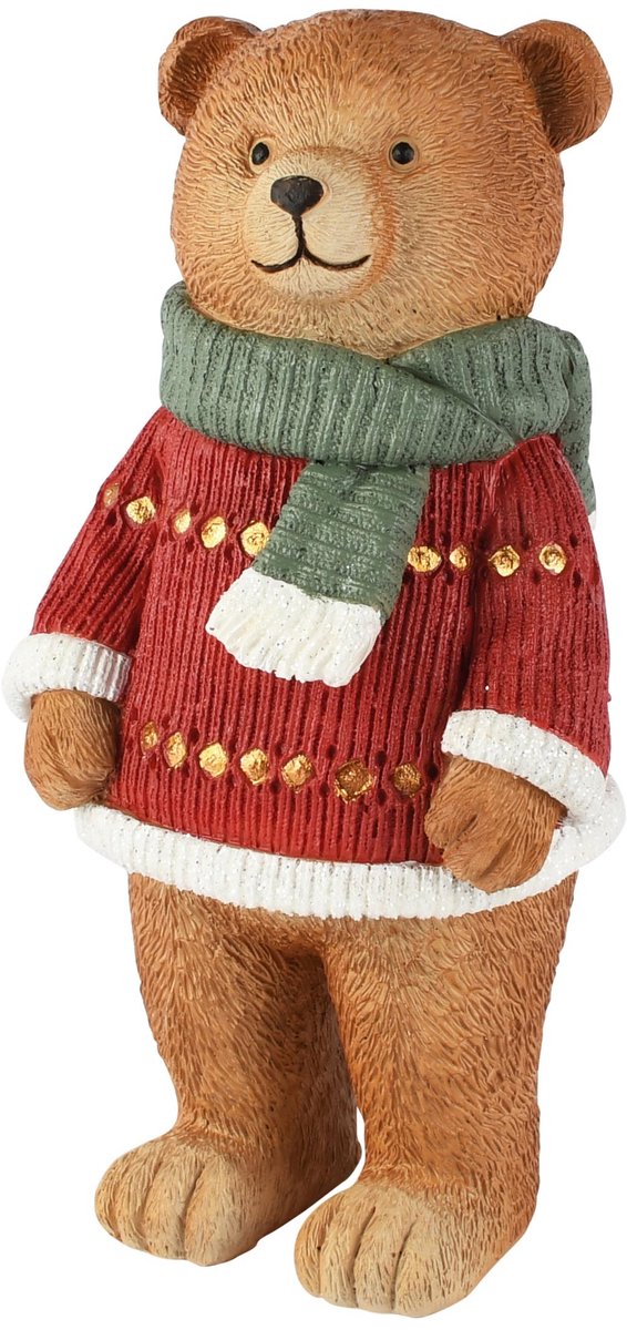 Dekoratief | Beer staand m/sjaal/trui, bruin/rood, resina, 9x9x18cm | A265884