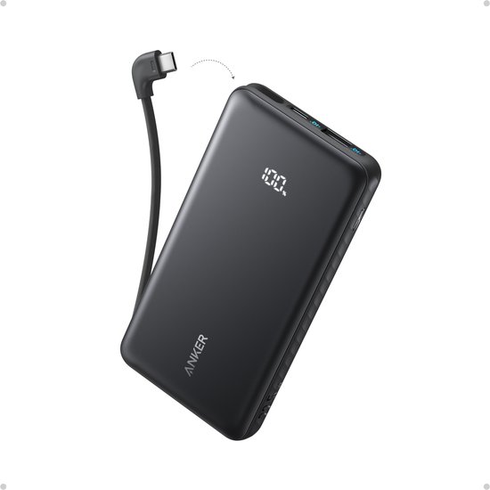 Zwarte Anker powerbank met ingebouwde USB-C kabel en digitaal display met 100%.