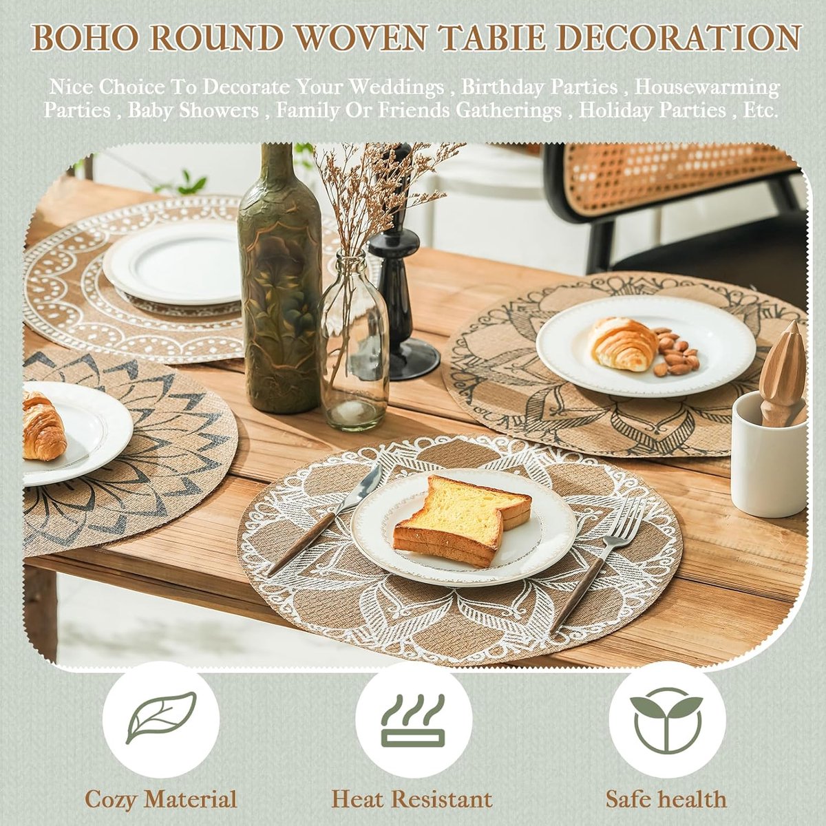 Placemat - Bohemian Ronde Placemat Set - Wasbaar Hittebestendig en Waterdicht - Mandala Jute Tafelmat - Geschikt voor Koffiemachine en Eettafel - Zijdeprint Licht Luxe - Set van 6 Stuks — cadeau in Wonen & Interieur - foto 2