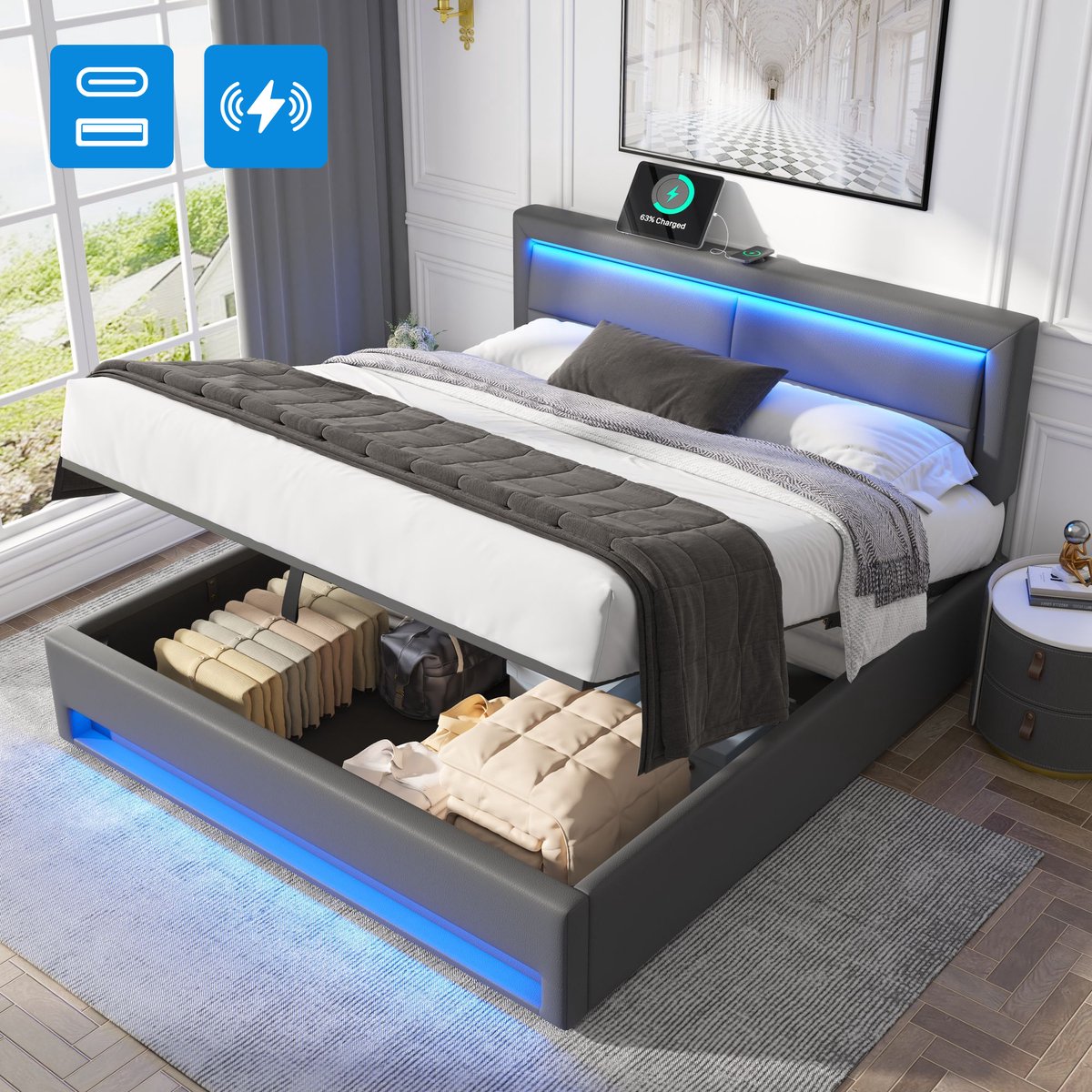 HAUSS SPOLE Gestoffeerd Bed 160x200 cm - Met USB, LED en Opbergruimte - Zonder Matras - PU - Grijs