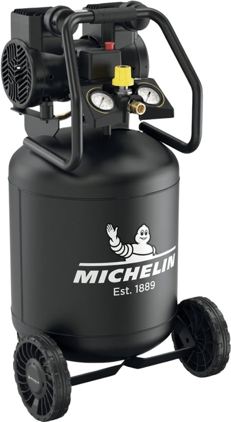 Zwarte staande Michelin compressor met twee wielen, een zwarte tank met wit Michelin logo en een zwarte motorunit.