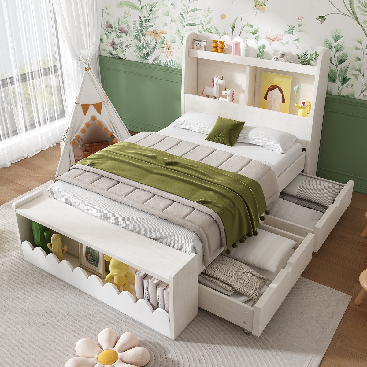 HAUSS SPOLE Kinderbed 90x200 cm - Eenpersoonsbed Met Lades En Opbergbanken - Zonder Matras - Massief Hout En MDF - Wit Eiken