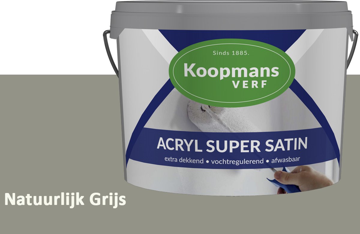 Koopmans Acryl Super Satin Zijdeglans Muurverf – Reinigbare Binnen- en Buitenverf voor Muren & Plafonds – Natuurlijk Grijs – 2,5 l
