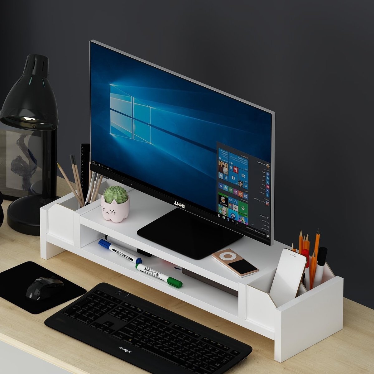 Monitorstandaard met Organizer en Extra Plank - Ideaal voor Bureau en Thuiswerkplek - Wit