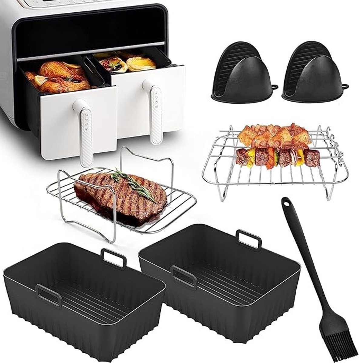 Airfryer Accessoireset - Siliconen Bakvormen & Grillroosters voor Dubbele Airfryer