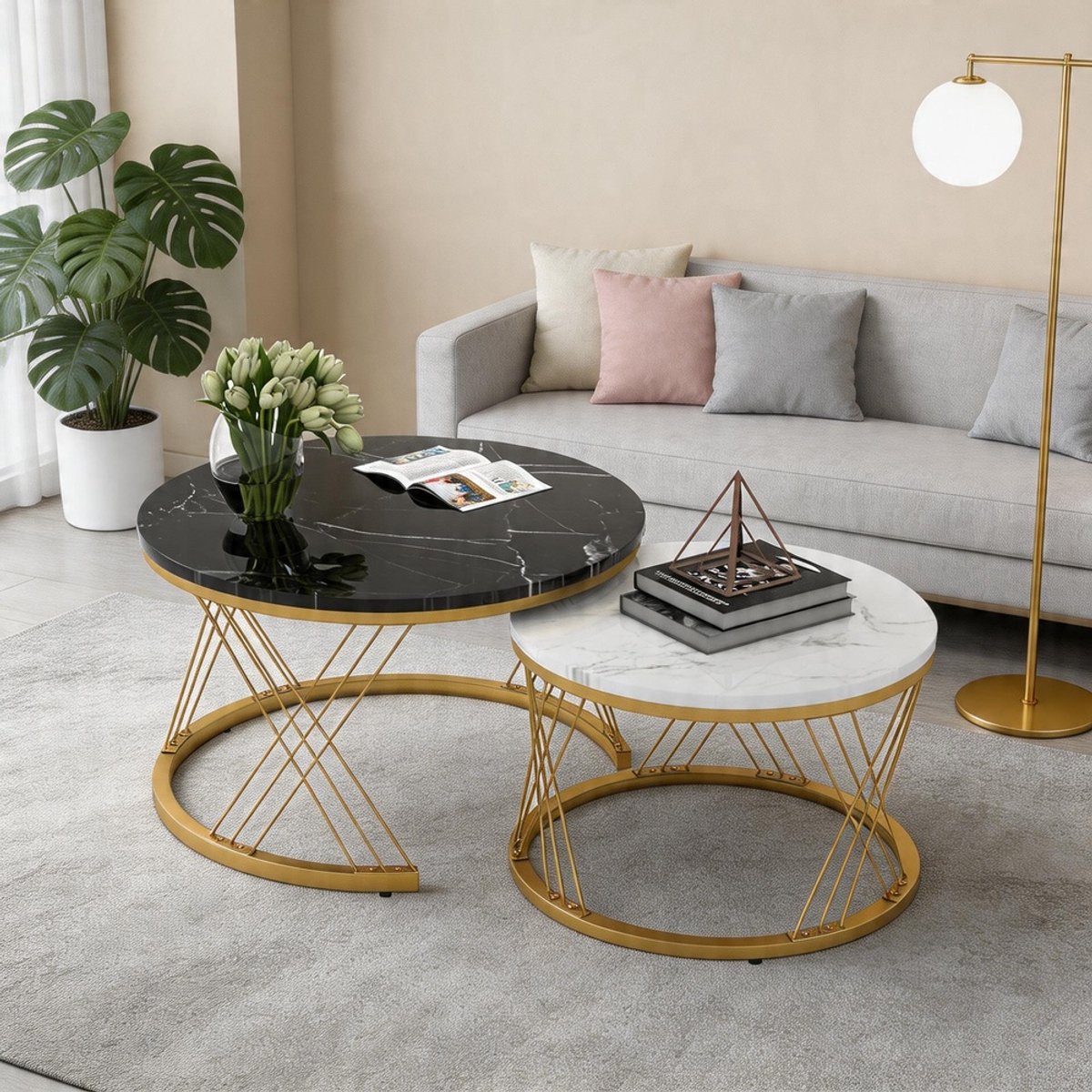 KOMHTOM Moderne nestbare salontafel set - Marmerfineer - Set van 2 ronde bijzettafels - Gouden frame Zwart