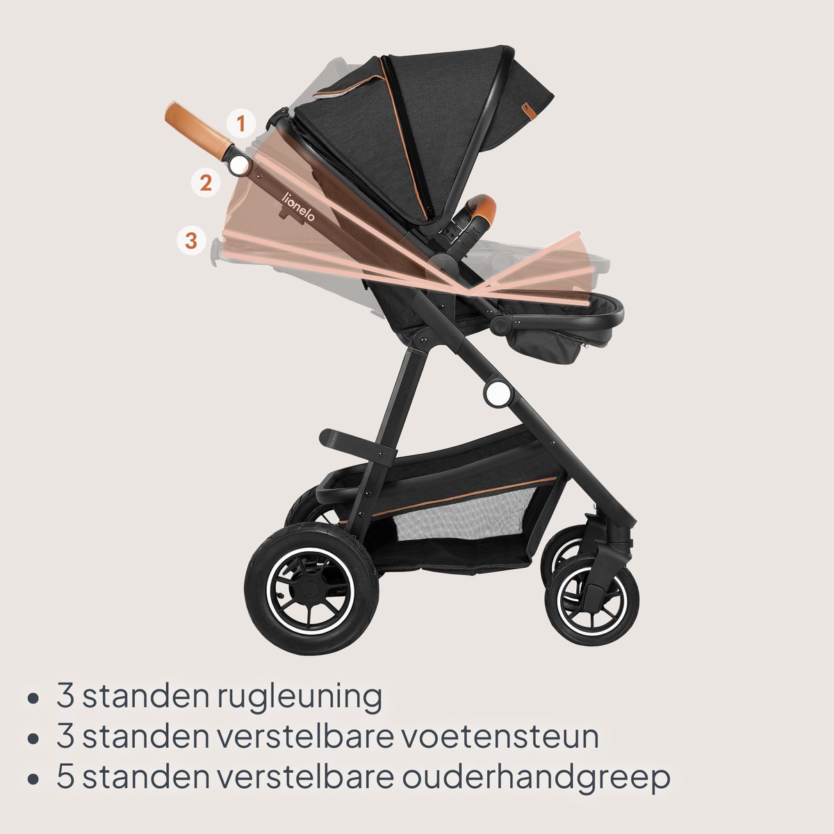 Lionelo Amber 2 in 1 - Kinderwagen - Reiswieg + Buggy - Vanaf geboorte tot 22 kg (0-4 jaar) - Luchtbanden - Volledige Vering - Comfortabel Ligmatras - Snel Inklapbaar - Luiertas - Klamboe - Regenhoes - Verschoonmatje - Wandelwagen - Baby Peuter – foto 4