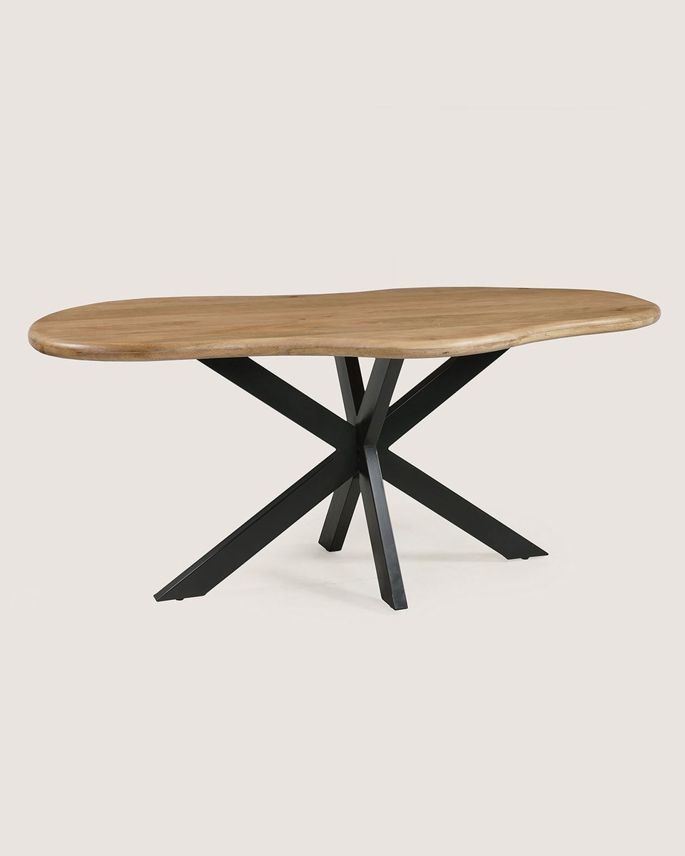 Organische Eettafel 220 cm Mangohout – Zwart Metalen Matrix Onderstel – Modern Design – 8-10 Personen