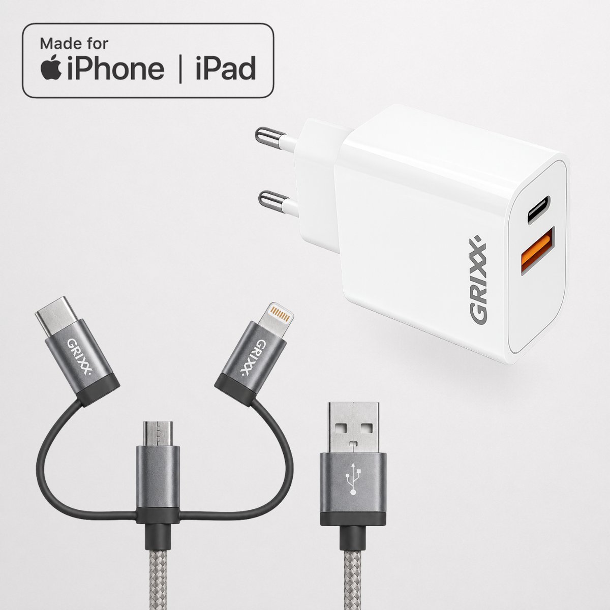 GRIXX USB-C Snellader Bundel 20W + 3-in-1 Oplaadkabel – USB-C, Lightning & Micro USB – Power Delivery – Geschikt voor iPhone, Samsung & Smartphones – Wit
