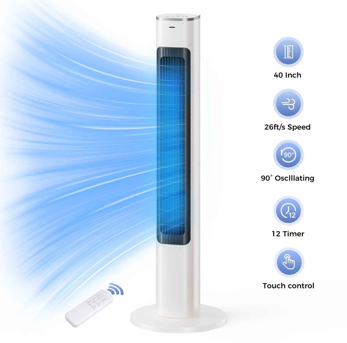CORE Torenventilator - Ventilator - Aircooler - Staande airco - Vloerairco - Met afstandsbediening - 4 snelheden - Tot 12 uur timer - 90 graden draaibaar - 45W - Wit