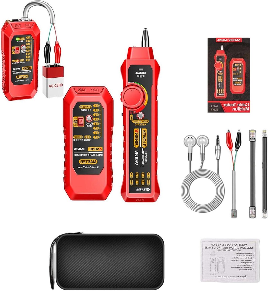 Netwerkkabeltester - Ethernet tester - Kabels controleren - Universeel apparaat - 23.8 x 12.7 x 5.8 cm - Rood