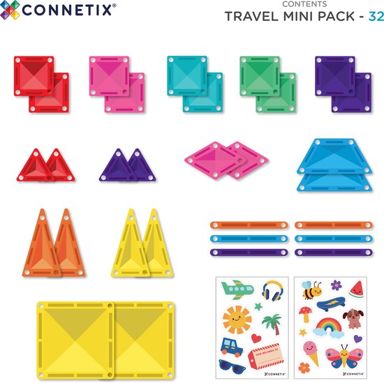 Verpakking van Connetix Travel Mini Pack met 32 magnetische tegels, inclusief afbeeldingen van de set en inhoud.