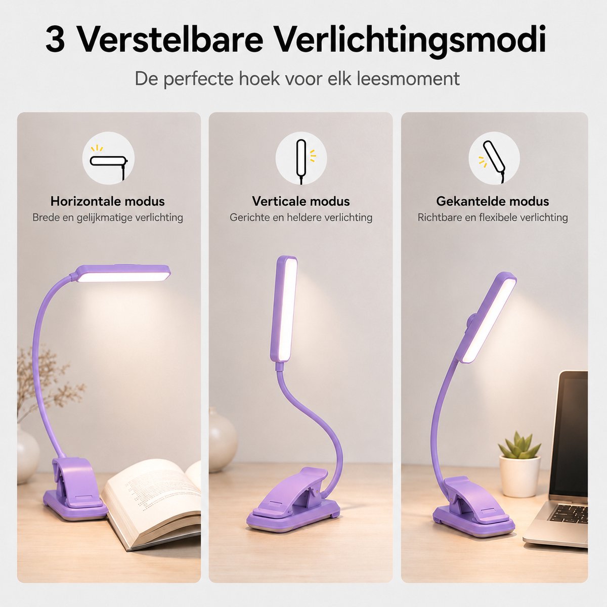 Sounix LED Leeslampje voor Boek met Klem - 315° draaibaar Leeslamp - 24 LED - Boeklampje met 3 Lichtstanden - Oplaadbare boeklamp USB - Dimbaar - Paars — cadeau in Gadgets - foto 7