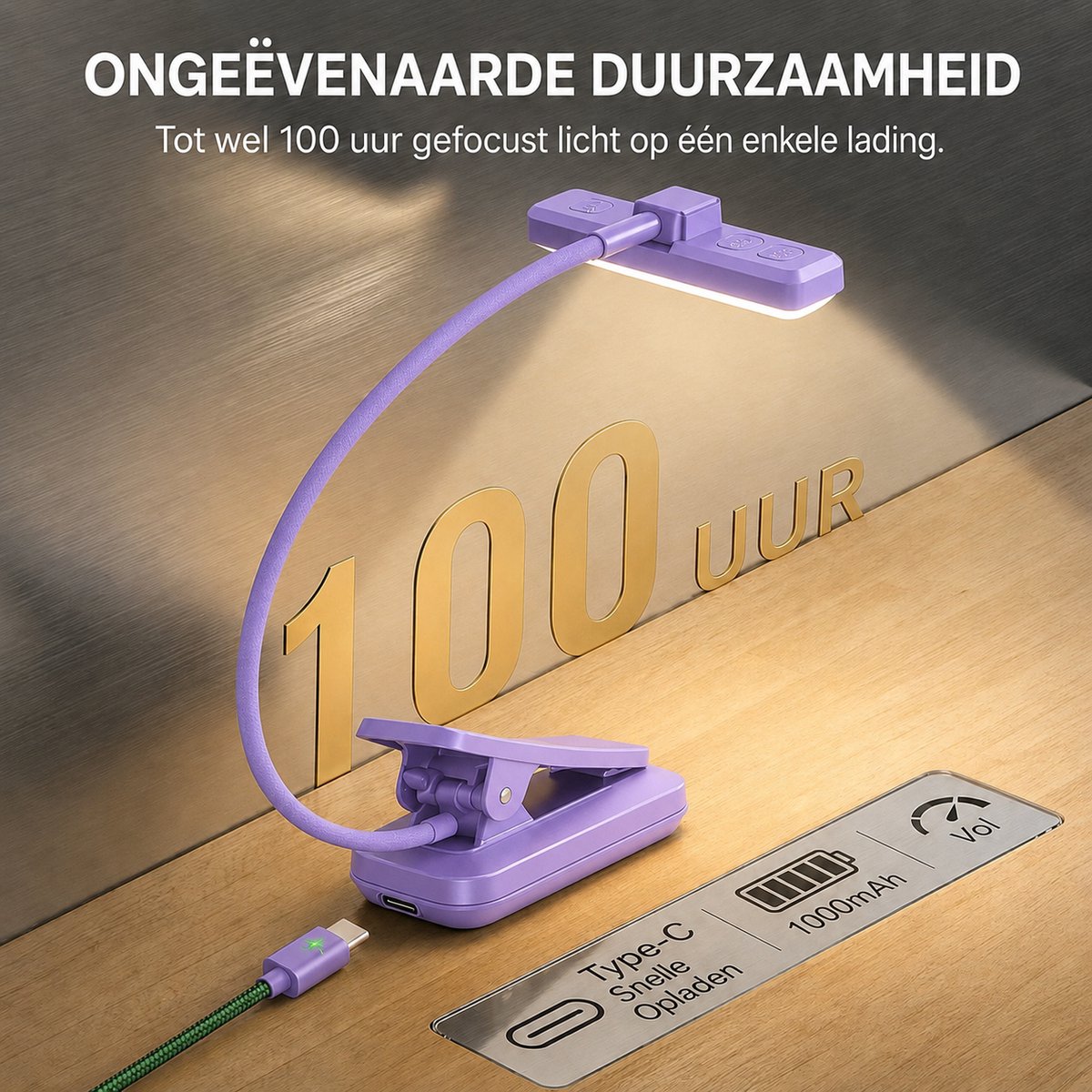 Sounix LED Leeslampje voor Boek met Klem - 315° draaibaar Leeslamp - 24 LED - Boeklampje met 3 Lichtstanden - Oplaadbare boeklamp USB - Dimbaar - Paars — cadeau in Gadgets - foto 4