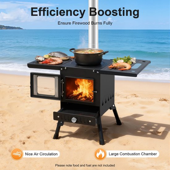 LUMÉ STORE Camping Houtkachel - Tuinhaard - Barbecue - Kachel - Opvouwbaar - Verstelbaar - Grillen & Koken - Draagbaar - Zwart — afbeelding 4